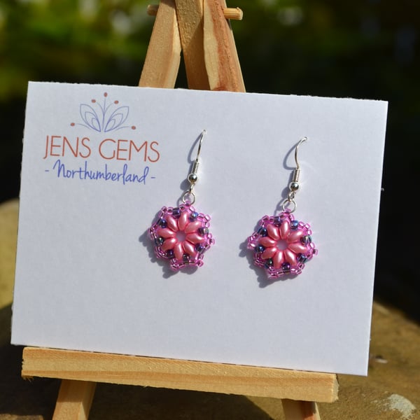 Pink and Purple Floral Style Beadwork Earrings