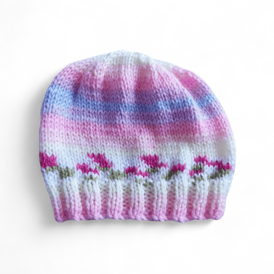 Pink Flowers Baby Hat Hand Knitted, Newborn Beanie 0-3 Months, Girls Beanie 