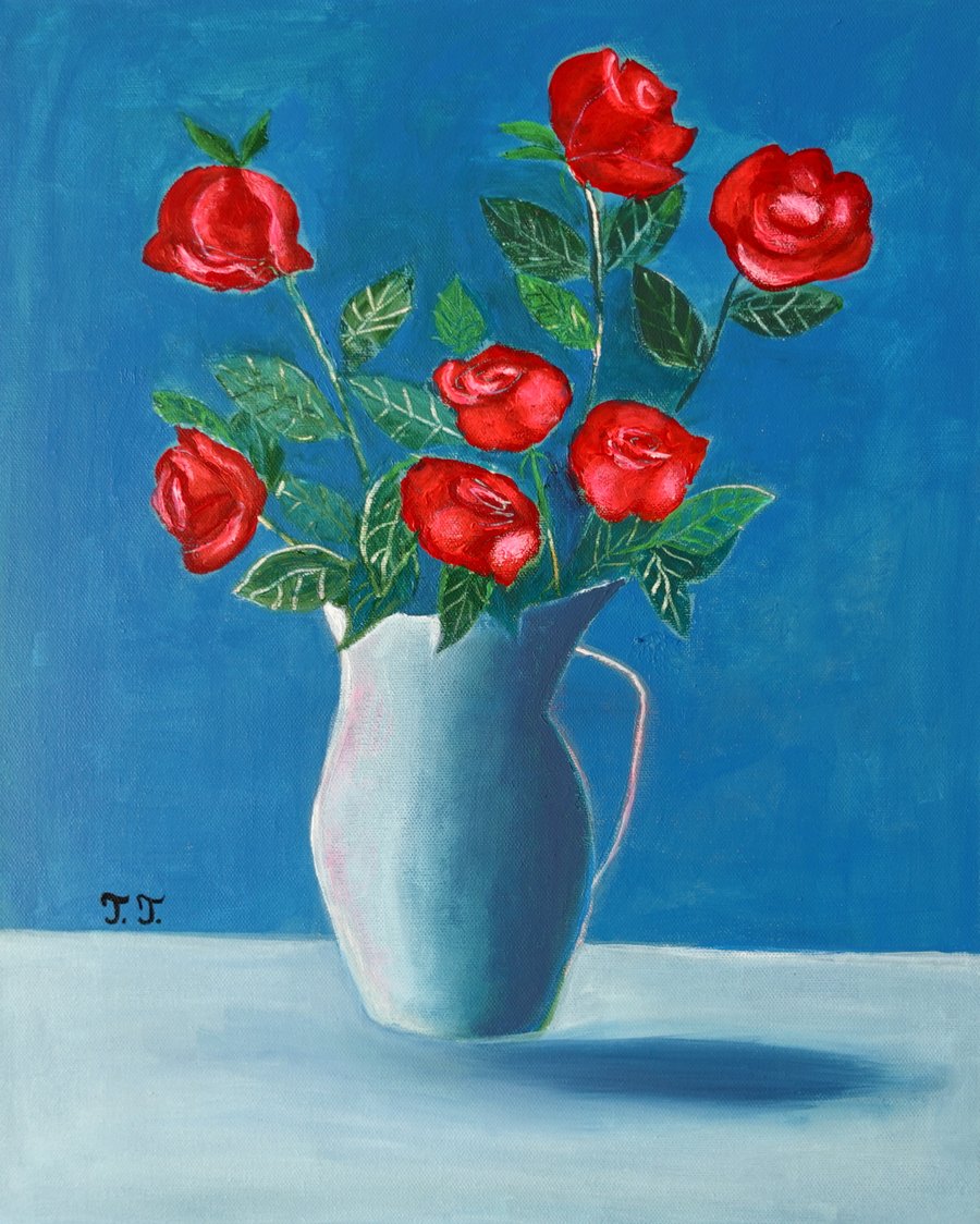 Original Rose Painting, Acrylic Floral Artwork, Still-life Red Flower Art