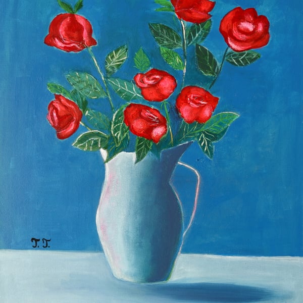 Original Rose Painting, Acrylic Floral Artwork, Still-life Red Flower Art