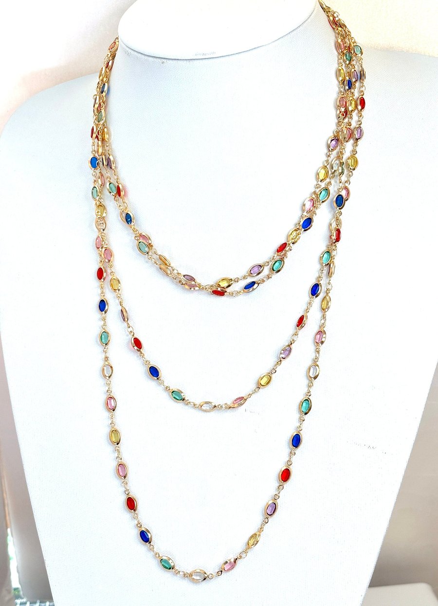 Very Long Oval Multicolour CZ Crystal Chain Necklace, Gold 40 inch or 78 Inch