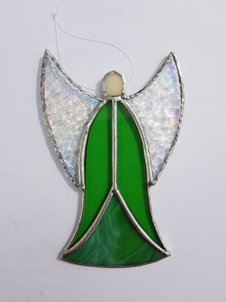288 Stained Glass Large Green Angel - handmade hanging decoration.