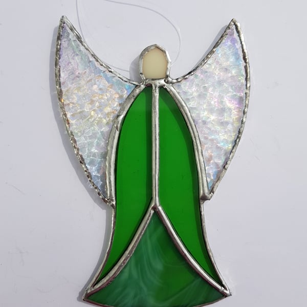 288 Stained Glass Large Green Angel - handmade hanging decoration.