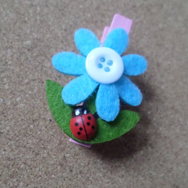 3pcs Set Decorative Peg Clips Memo Holders - 48mm - Blue Flower With Ladybird 