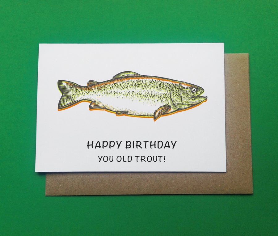 Happy Birthday You Old Trout, Funny Fish Birthday Greetings Card, UK Handmade