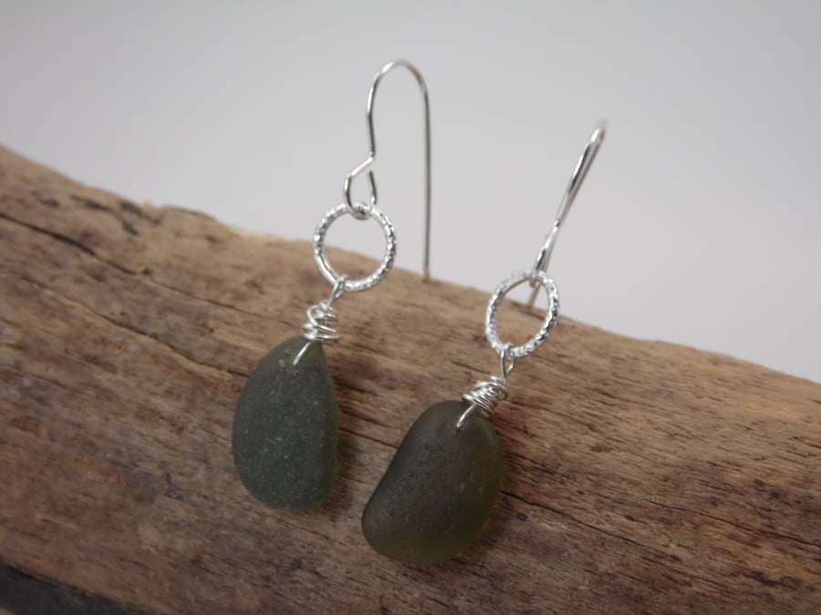 Dainty Olive Marazion Cornish Sea Glass Earrings, Sterling Silver E676