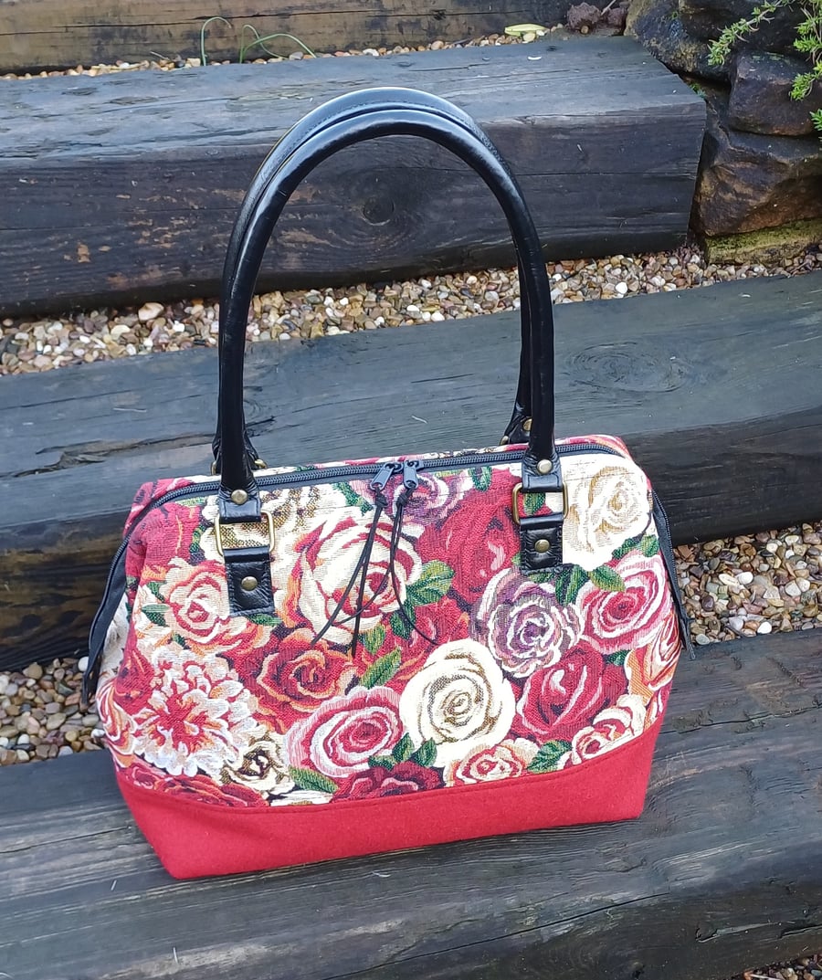 Rose Tapestry red wool tweed zip top wire frame handbag