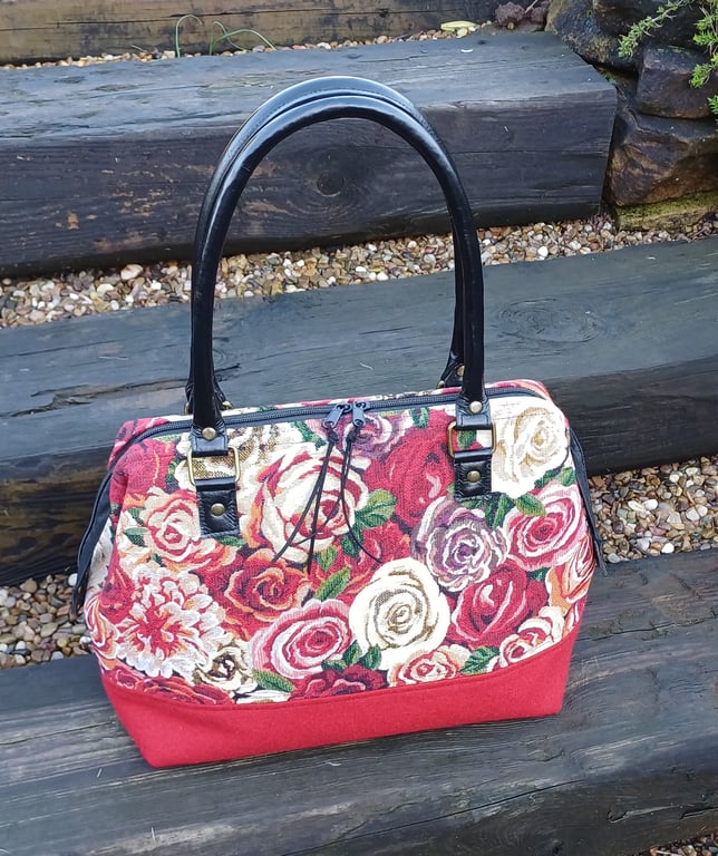 Rose Tapestry red wool tweed zip top wire frame handbag