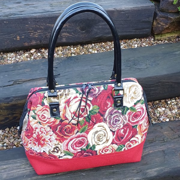 Rose Tapestry red wool tweed zip top wire frame handbag