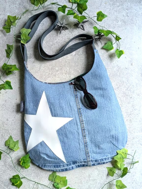 Denim Bag - Pale Denim Jeans Cross Body Bag with White Star Motif 