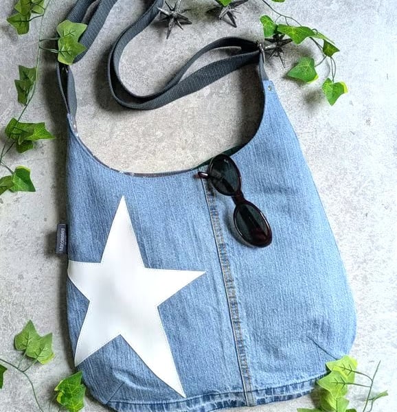 Denim Bag - Pale Denim Jeans Cross Body Bag with White Star Motif 