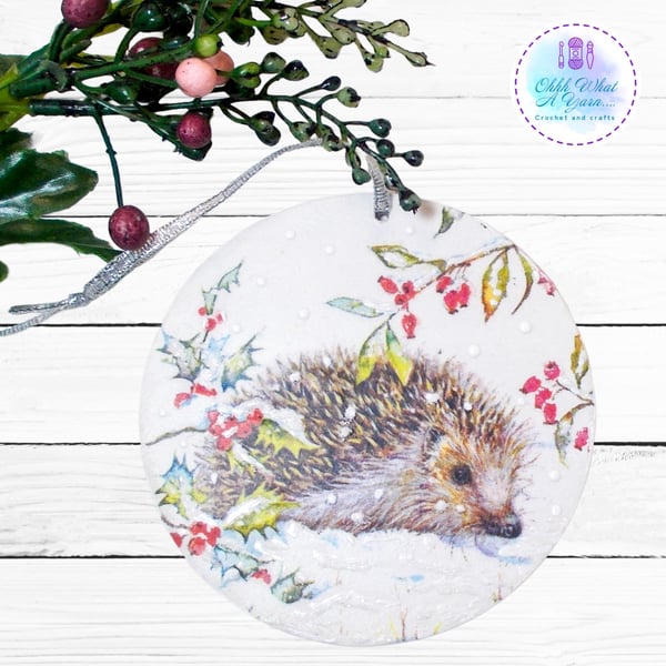 Hedgehog mixed media hanging decoration. Hedgehog ornament. Hedgehog decoration.