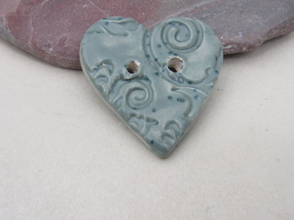Medium Sage Green Brocade Texture Heart Shaped Ceramic Button