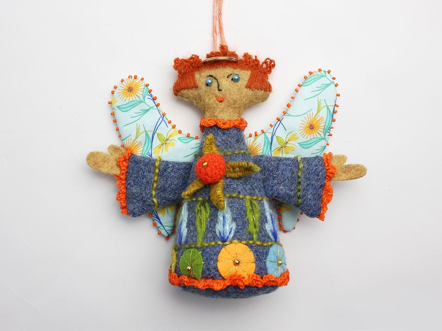 Mid-century angel - A blue wool hand embroidered hanging ornament