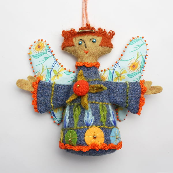 Mid-century angel - A blue wool hand embroidered hanging ornament