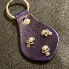 Dark Purple Leather Keyring - 3 Skull Heads - FREE SHIPPING