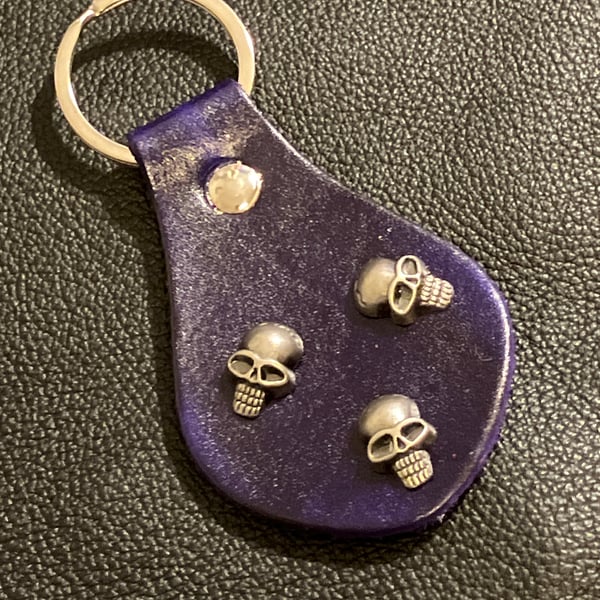 Dark Purple Leather Keyring - 3 Skull Heads - FREE SHIPPING