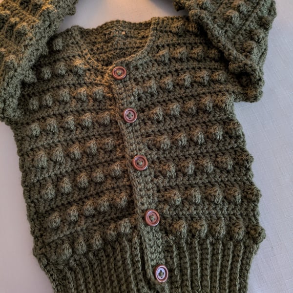 Olive green bobble knit cardigan for a newborn baby boy 