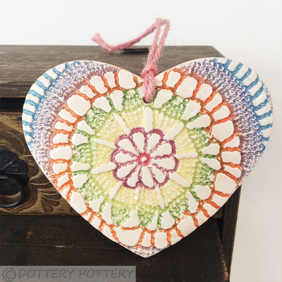 Ceramic heart hanging decoration Pottery Heart Tie Dye Festival brightColours