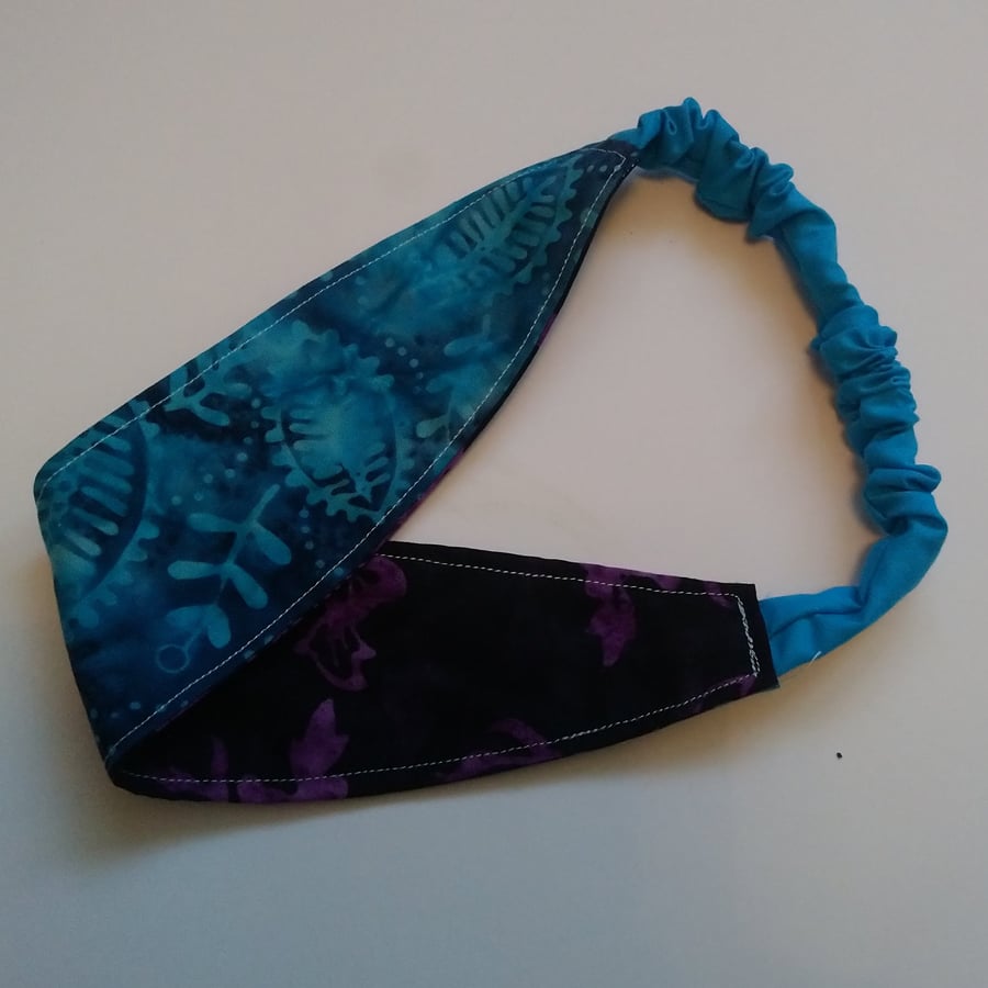 Purple Floral and Blue Leaves Batik Reversible Headband
