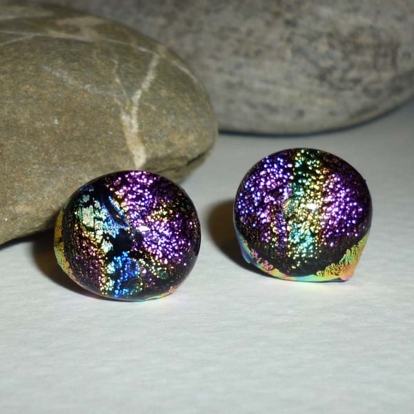 Hand crafted dichroic earrings - varigated - pink, blue, gold & aqua