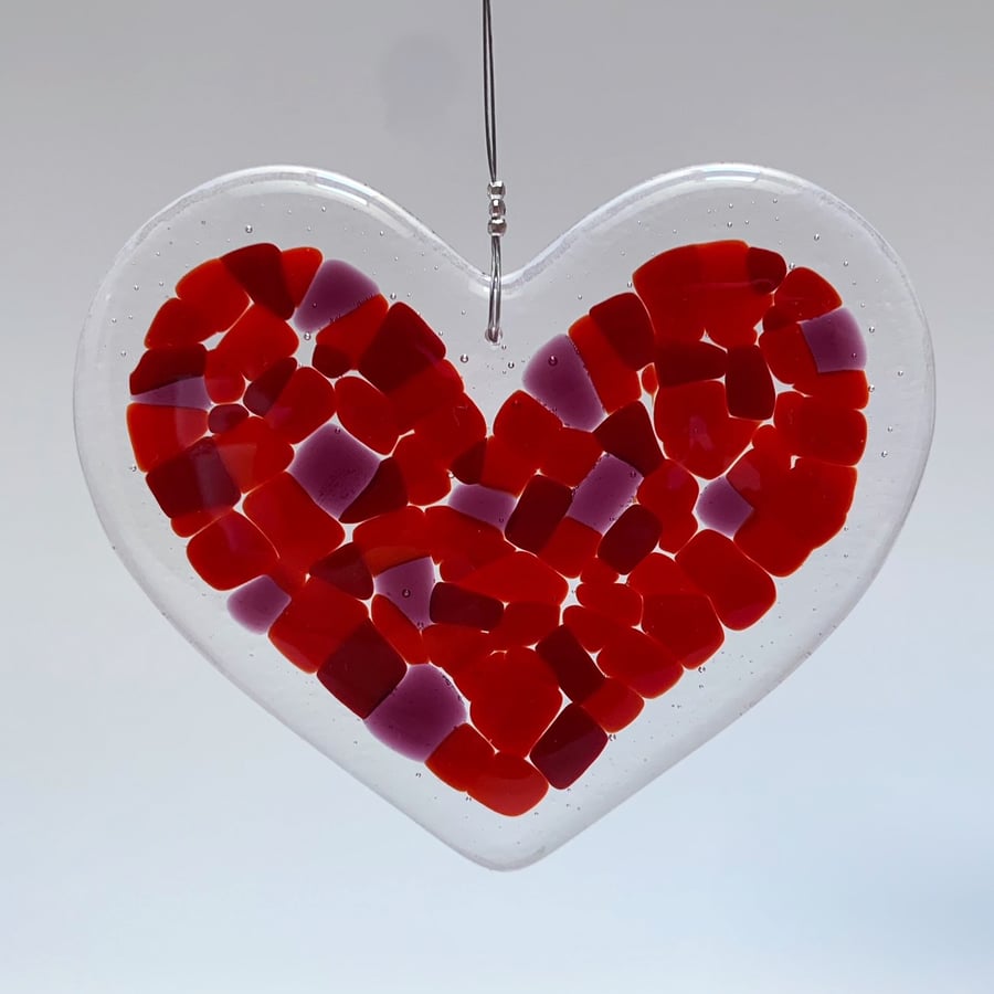 Fused Glass Heart Hanging (Reds) - Handmade Glass Decoration