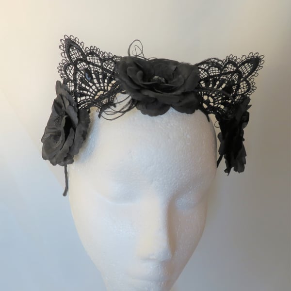 Black Lace Cat Ear and Rose Gothic Halloween Flower Crown 