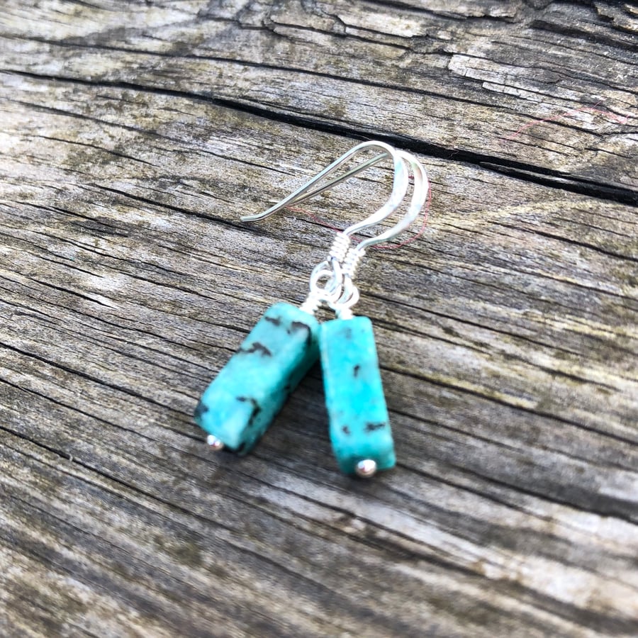 Turquoise Natural Stone Tube Earrings.  Sterling Silver  Earrings