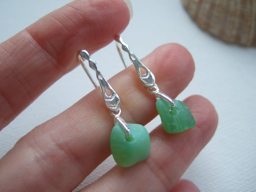 Pastel Green Seaham sea glass earring, Jadeite sea glass, sterling silver