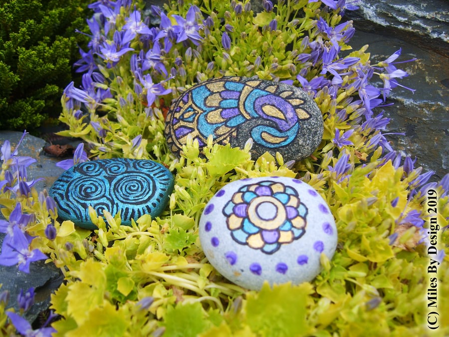 Trio of Hand-painted Mandala Inspired Stones
