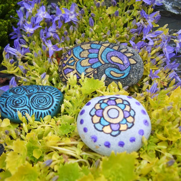 Trio of Hand-painted Mandala Inspired Stones