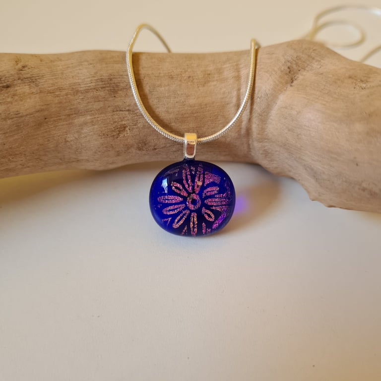 Flower design, pink and blue sparkly fused glass pendant