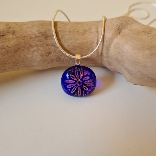 Flower design, pink and blue sparkly fused glass pendant