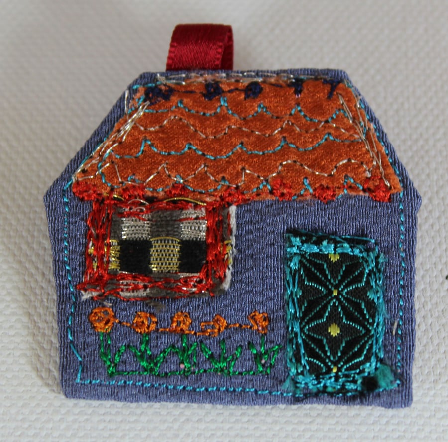 Blue House Textile Art Brooch