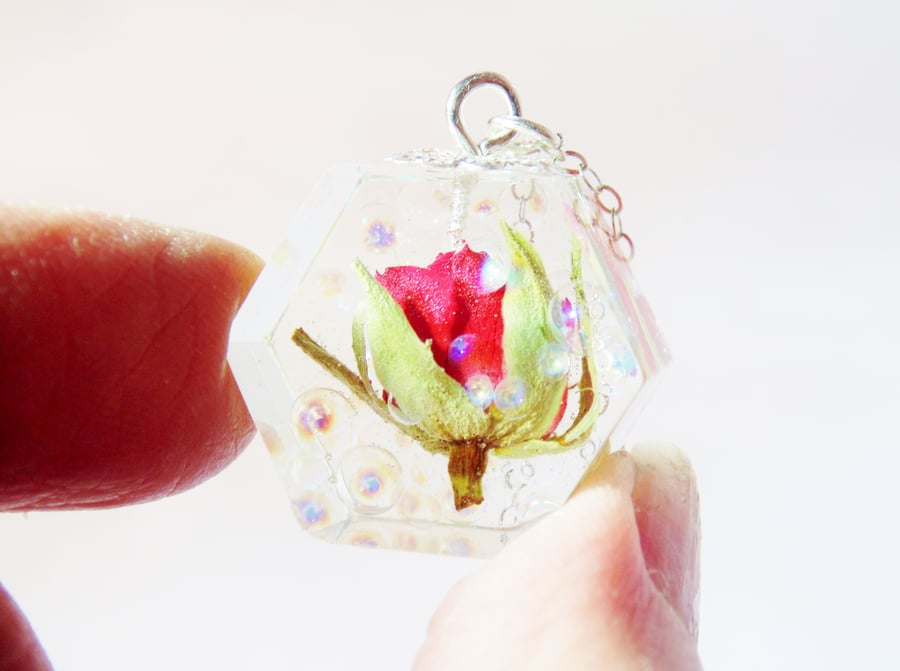 Dewdrop Rose Necklace, Real Flower Necklace, Resin Necklace, Hexagon Pendant