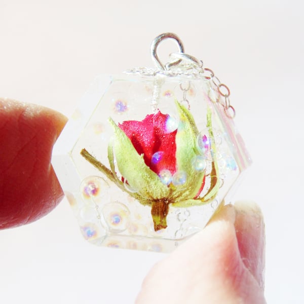 Dewdrop Rose Necklace, Real Flower Necklace, Resin Necklace, Hexagon Pendant