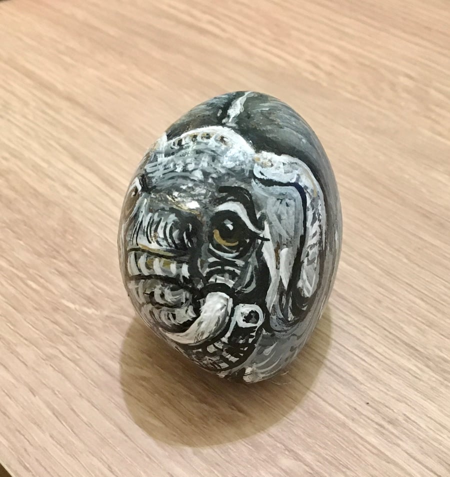 Elephant painted pebble garden rock art wildlife portrait stone art 