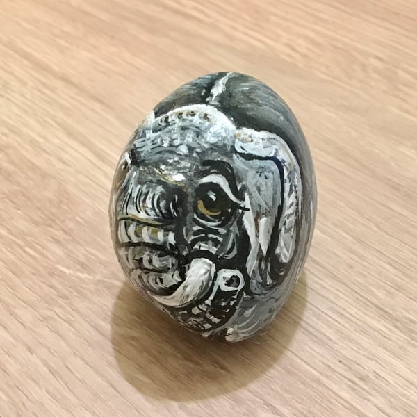 Elephant painted pebble garden rock art wildlife portrait stone art 