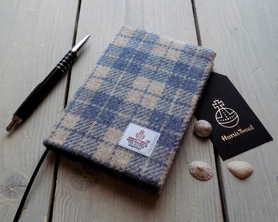 A6 Harris Tweed covered 2020 diary in denim blue and beige check. Week to view