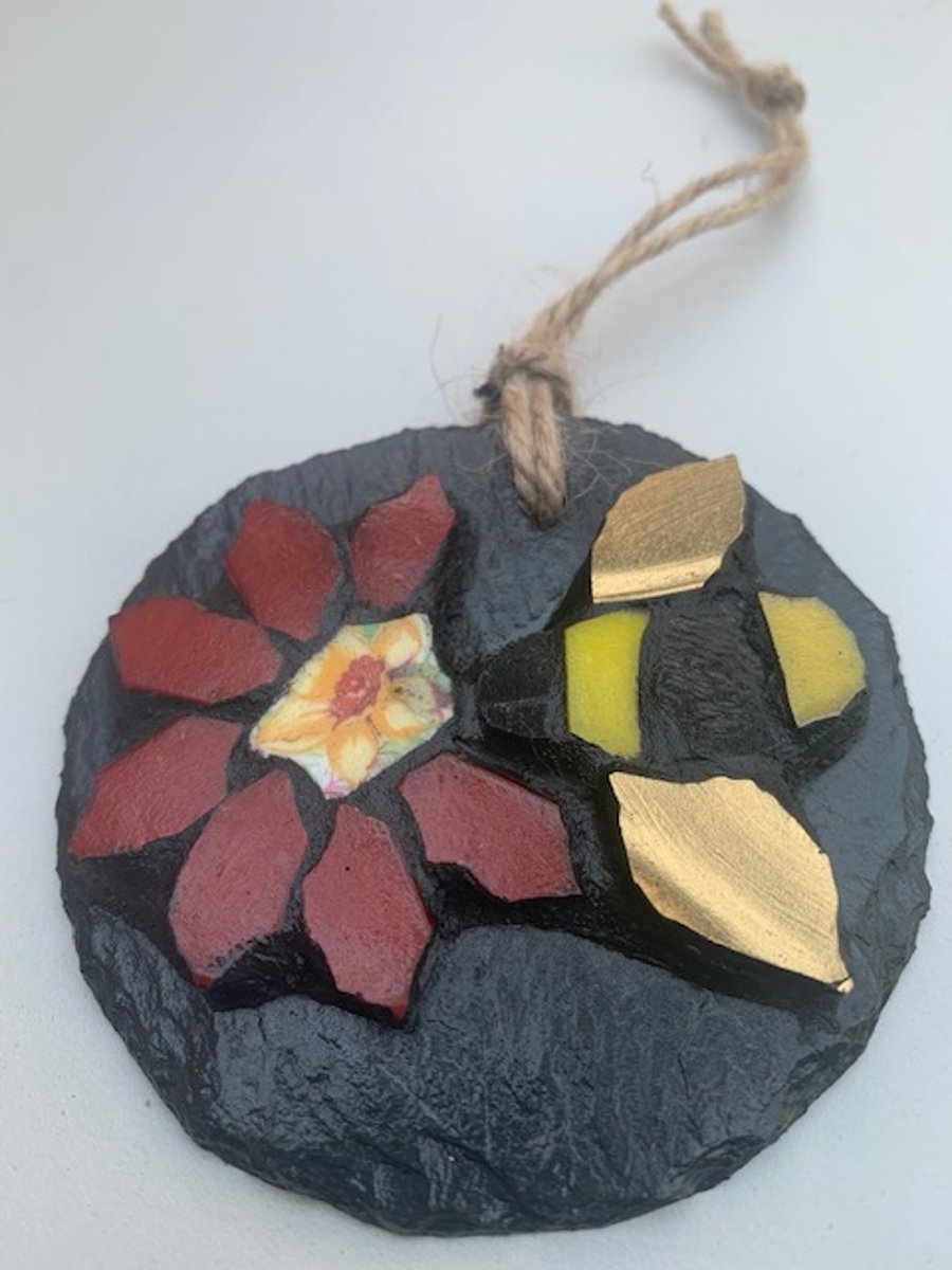 Mosaic Bumble Bee & Red Flower