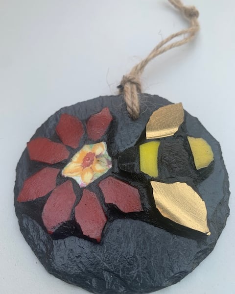 Mosaic Bumble Bee & Red Flower
