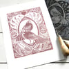 Love Birds Original Lino Cut Print Sepia Pink PRINT SALE
