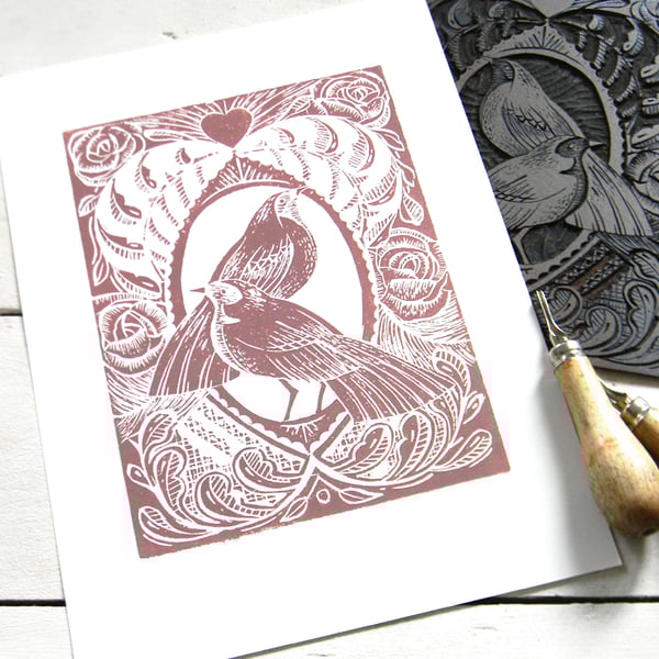Love Birds Original Lino Cut Print Sepia Pink PRINT SALE