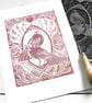 Love Birds Original Lino Cut Print Sepia Pink PRINT SALE