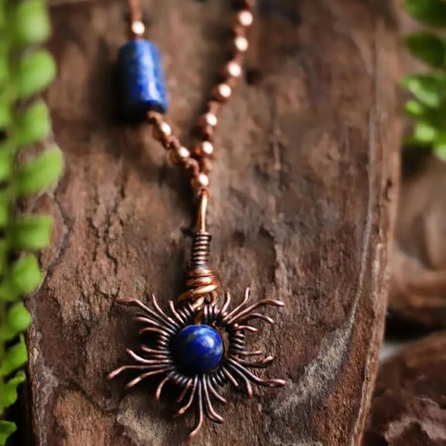 Copper Sun Necklace with Lapis Lazuli 