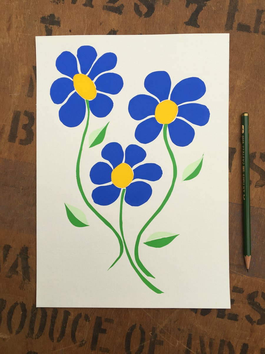 Blue Dancing Flowers - Handmade Silkscreen Print