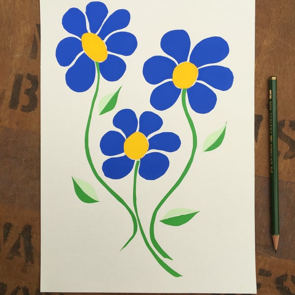 Blue Dancing Flowers - Handmade Silkscreen Print