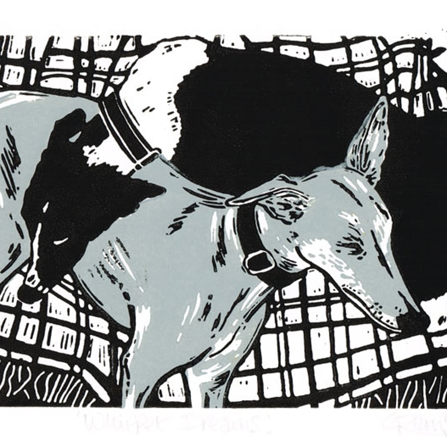 Whippet dogs sleeping - Original linocut print