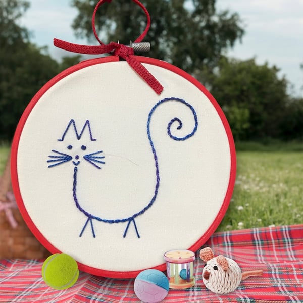 Cute cat embroidery in a hoop, abstract kitten, home Decor