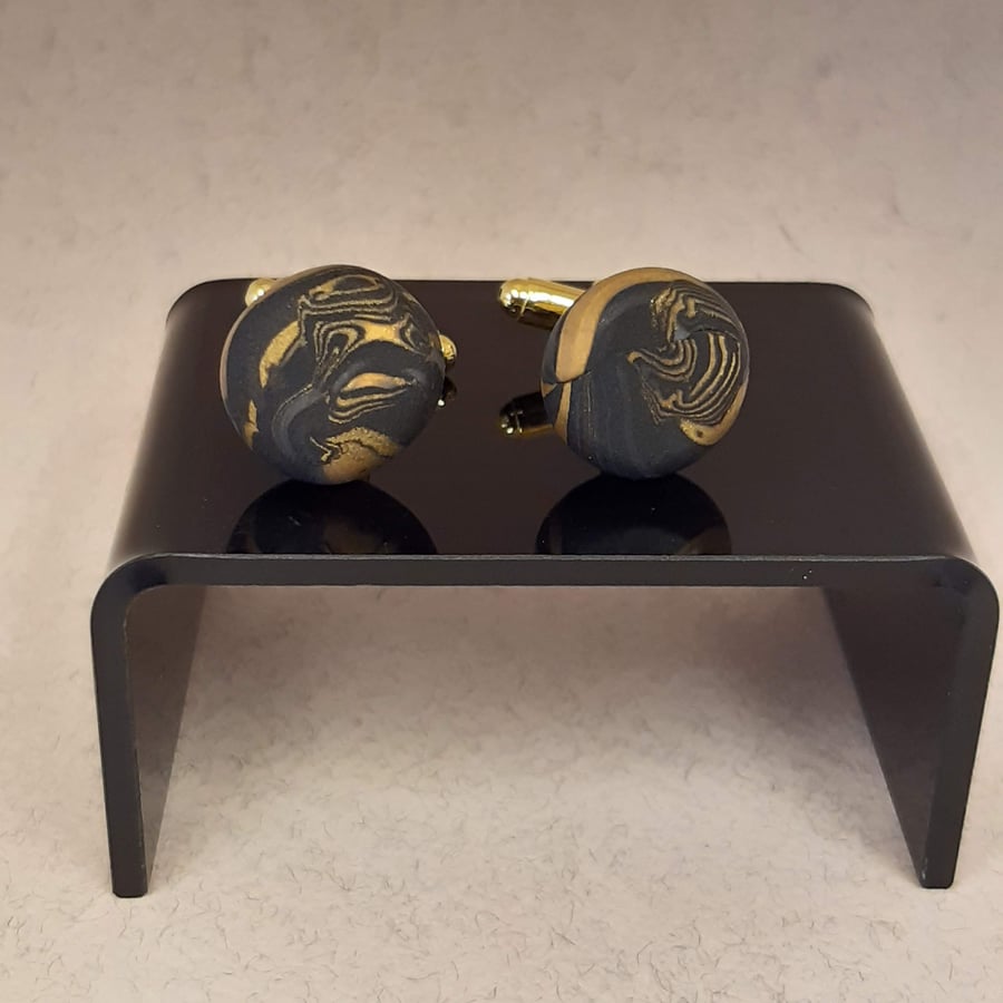 Black and gold polymer clay cufflinks